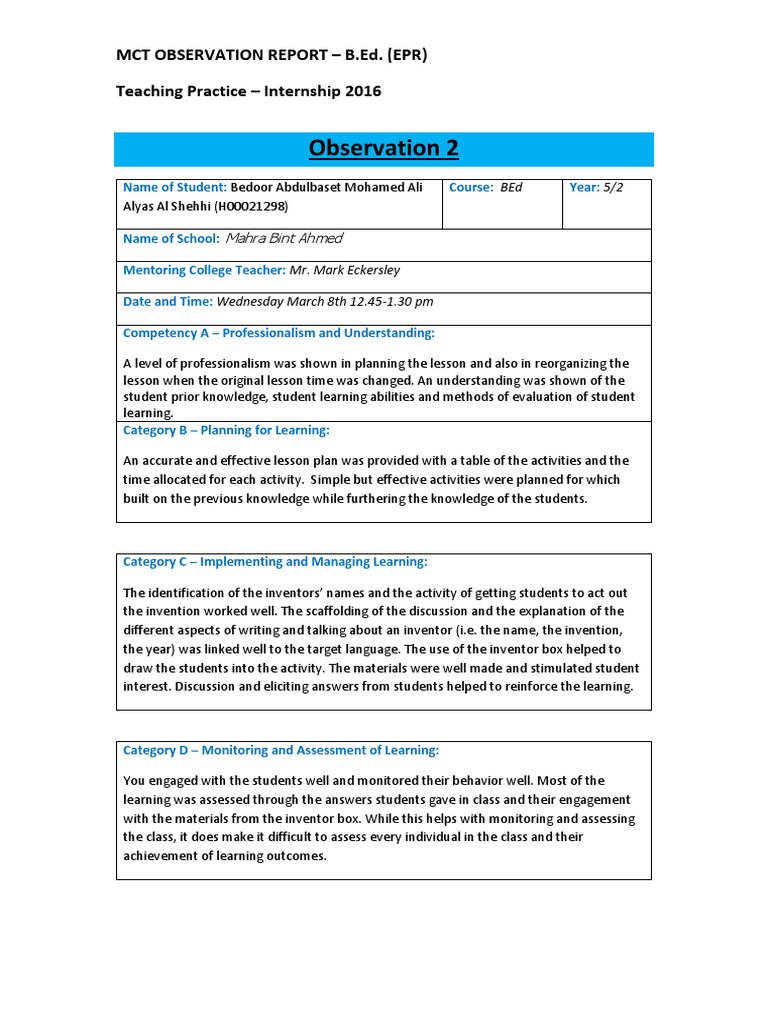observation lesson plan