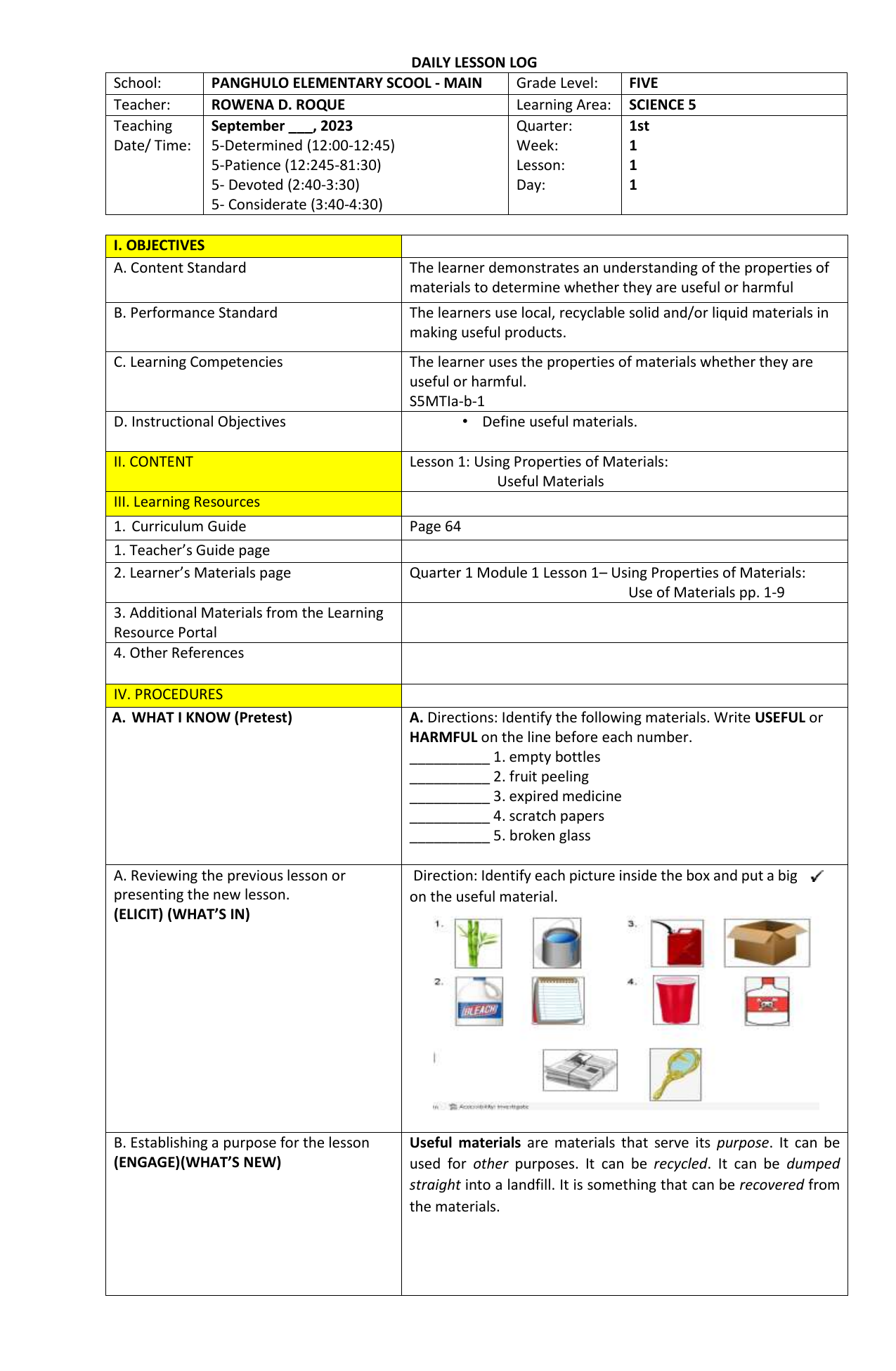 materials in lesson plan